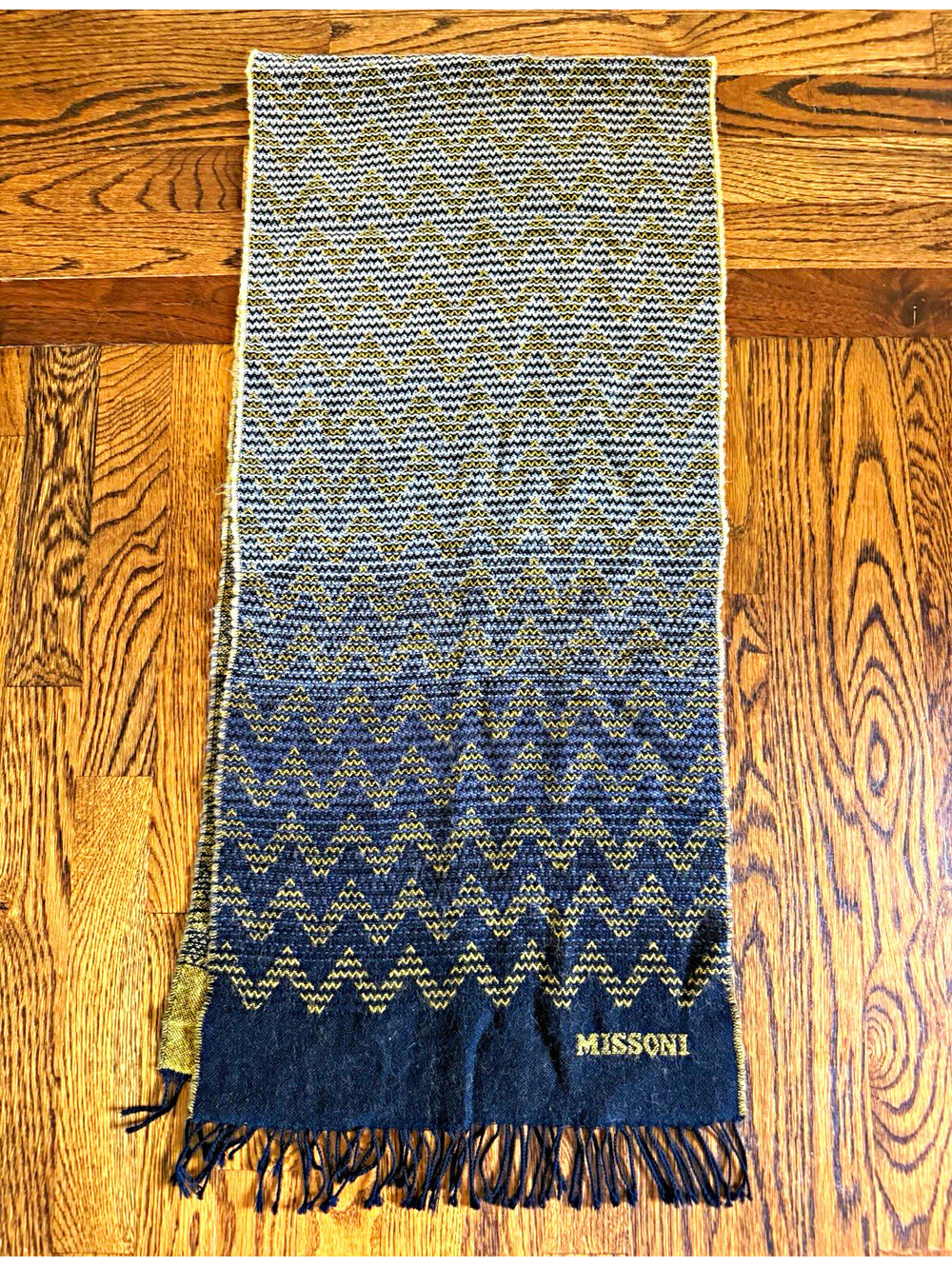 Missoni Women’s Geometric Wool Cashmere Fringe Scarf Blue/Gold/Gray 64x15